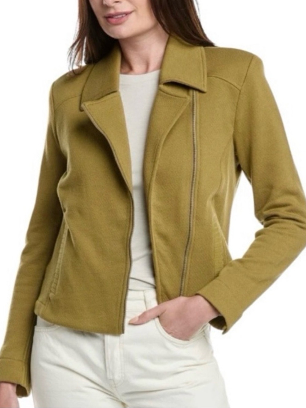 Nwot CAbi moss Green road trip knit stretch moto Jacket Asymmetric Zip sz small